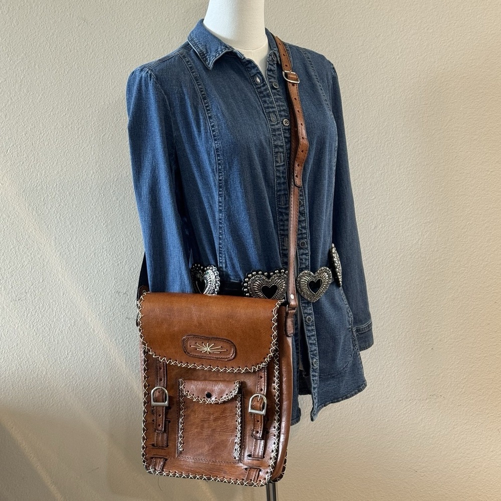 Vintage Handmade Leather Crossbody Satchel Whipstitched Boho Festival Bag